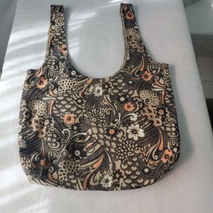 Handmade Large Hobo Style  Shopping Bag Brown Boho Flowers Pattern 14" x 19.25"